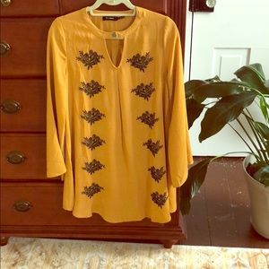 Mustard dress or tunic with navy embroidery